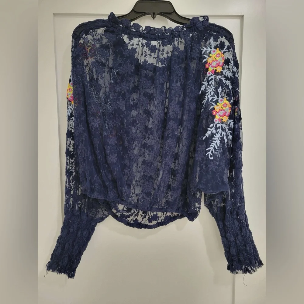 Free People navy blue lace floral embroidered long sleeve see thru dolman blouse